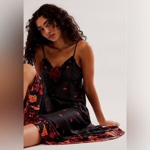 Free People black satin red floral dress NWT